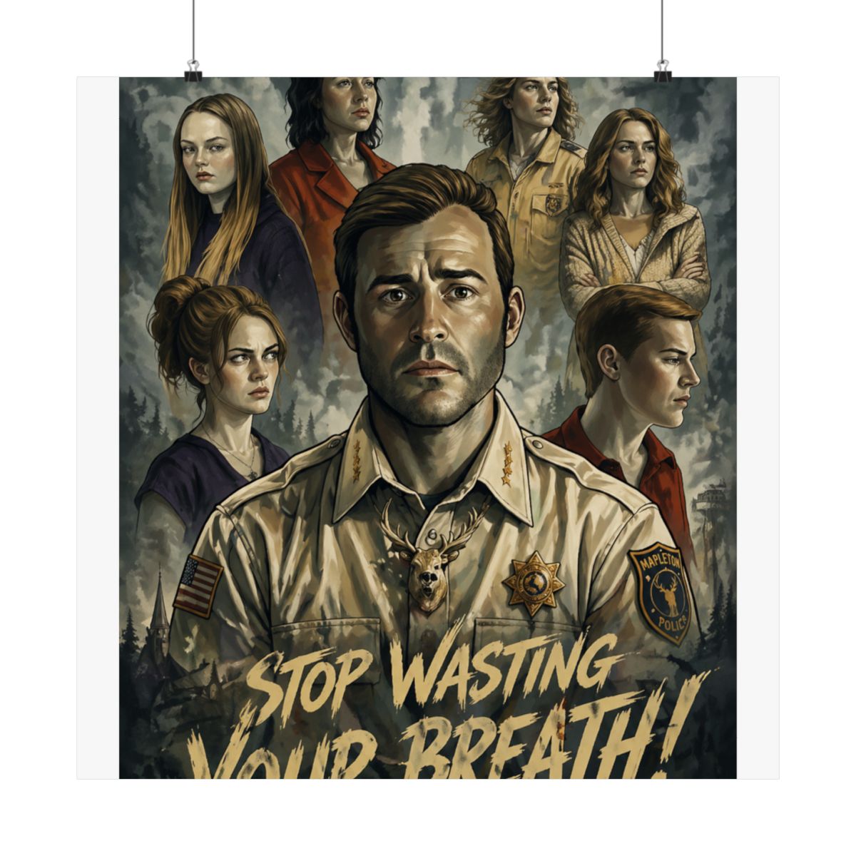 A poster for the HBO television series "The Leftovers" featuring a man in a police uniform with a deer on his chest. The text "STOP WASTING YOUR BREATH!" is at the bottom of the poster - alternate angle 1, merchandise