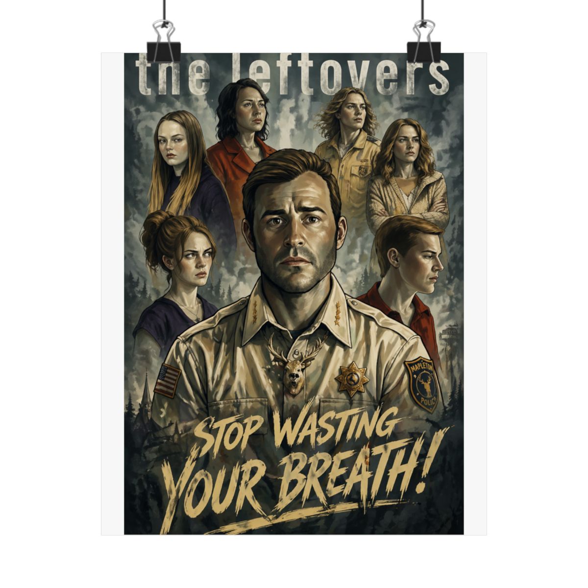 A poster for the HBO television series "The Leftovers" featuring a man in a police uniform with a deer on his chest. The text "STOP WASTING YOUR BREATH!" is at the bottom of the poster