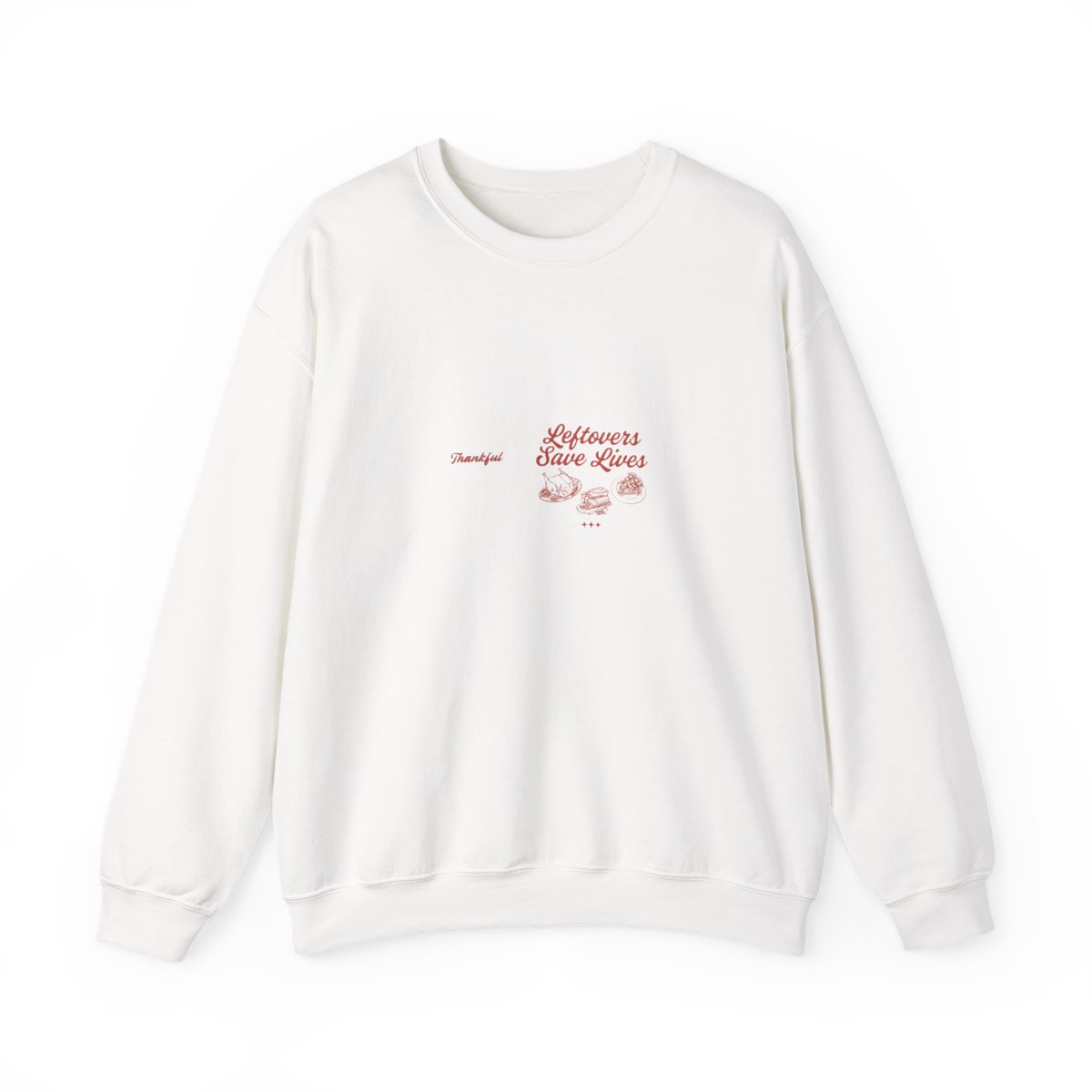 Grey Hoodies with the text "Thankful" on the front and "Leftovers Save Lives" with a drawing of food on the back - Official hoodies merchandise